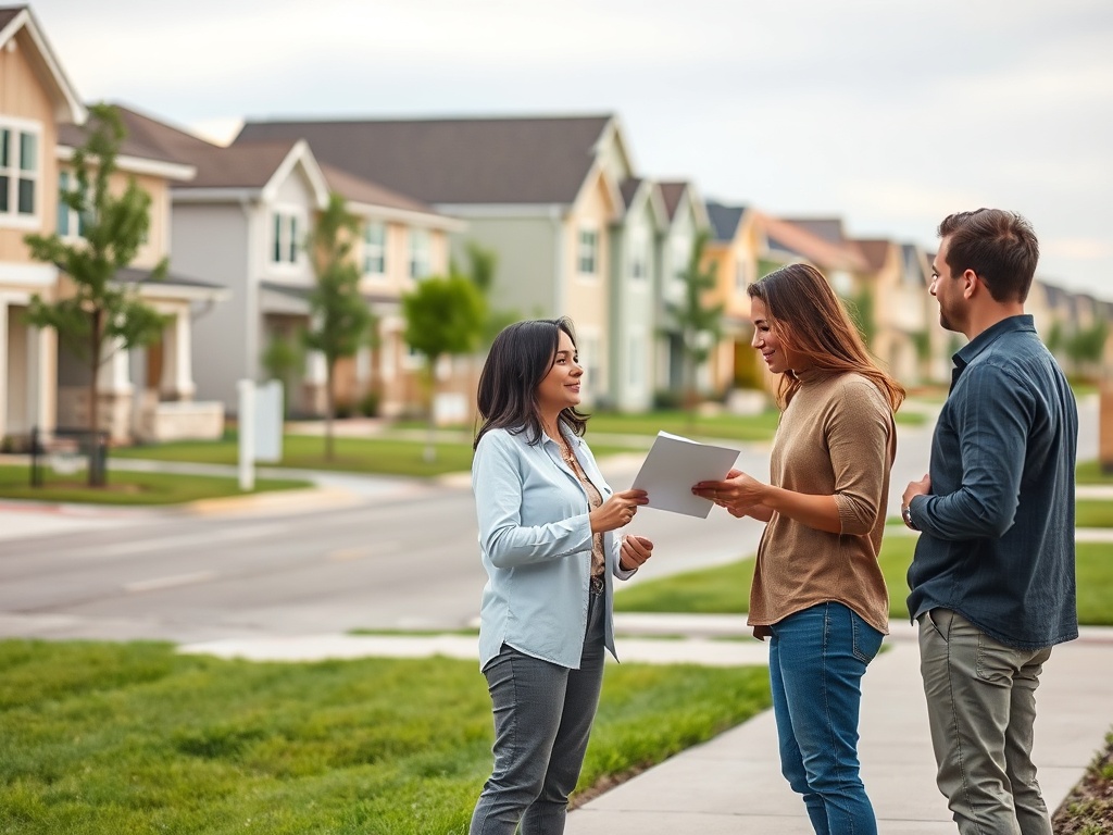 Трое людей общаются на улице возле жилых домов, один держит бумаги, остальные внимательно слушают.