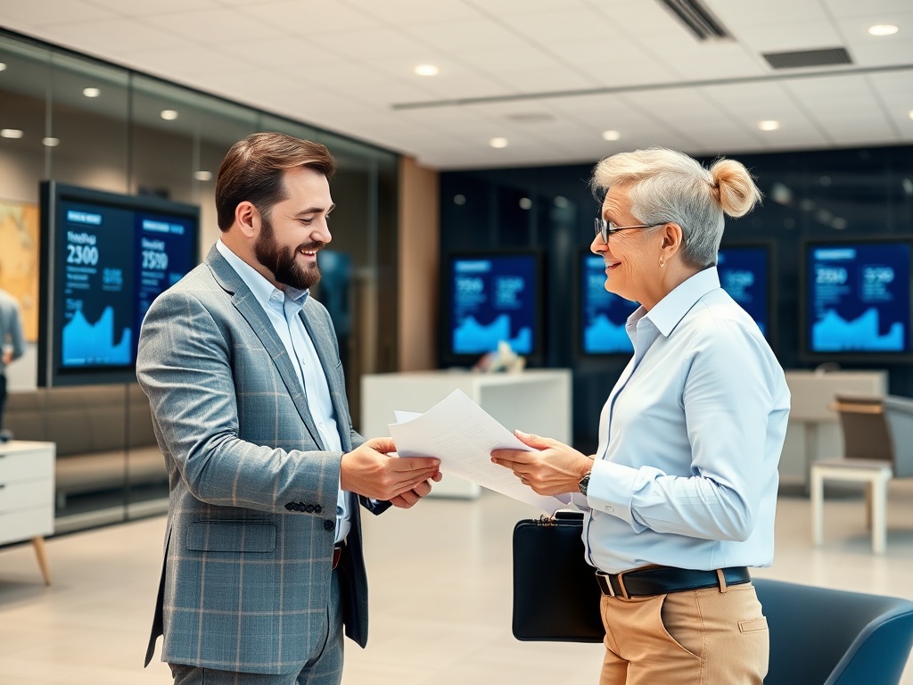 Два человека в офисе обсуждают документы, улыбаются и обмениваются информацией. Экран с графиками на заднем плане.