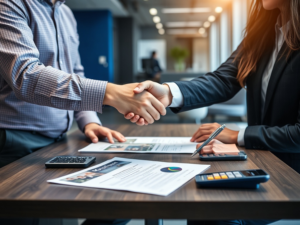 Два человека пожимают руки за офисным столом, на столе документы и калькуляторы. В помещении светло.