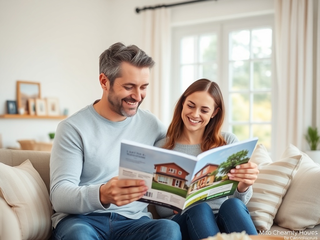 Счастливая пара сидит на диване и рассматривает журнал о домах. Они улыбаются и обсуждают информацию.