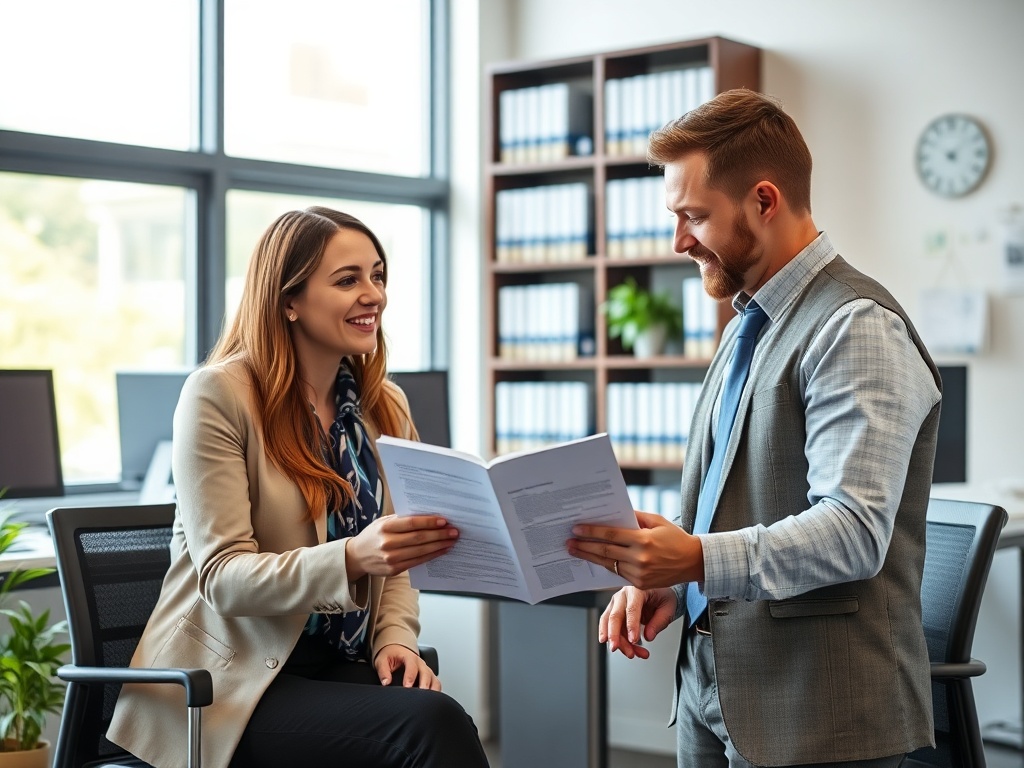 Два человека в офисе обсуждают документы, улыбаются, демонстрируя хорошее настроение и сотрудничество.