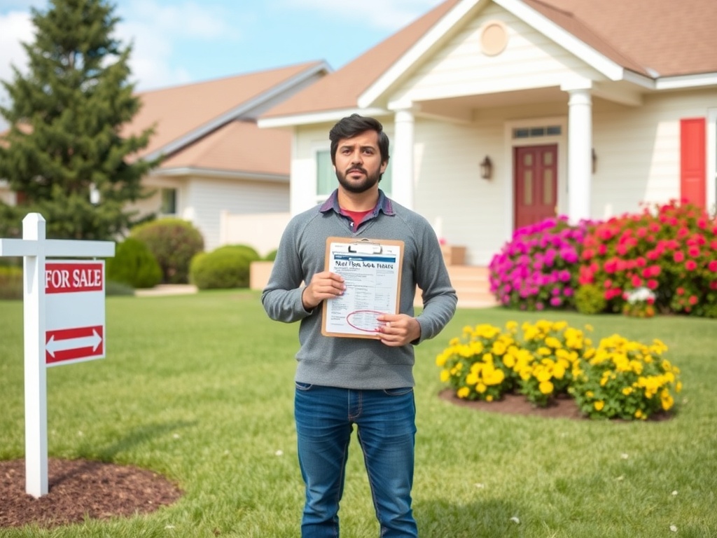 Молодой человек стоит у дома с табличкой «Продаётся», держа в руках документы по продаже недвижимости.