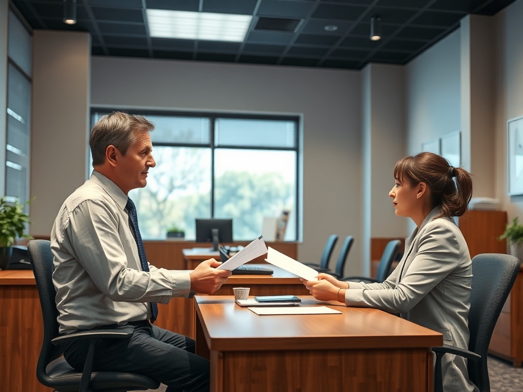 Два человека в офисе обмениваются документами во время деловой встречи за столом.