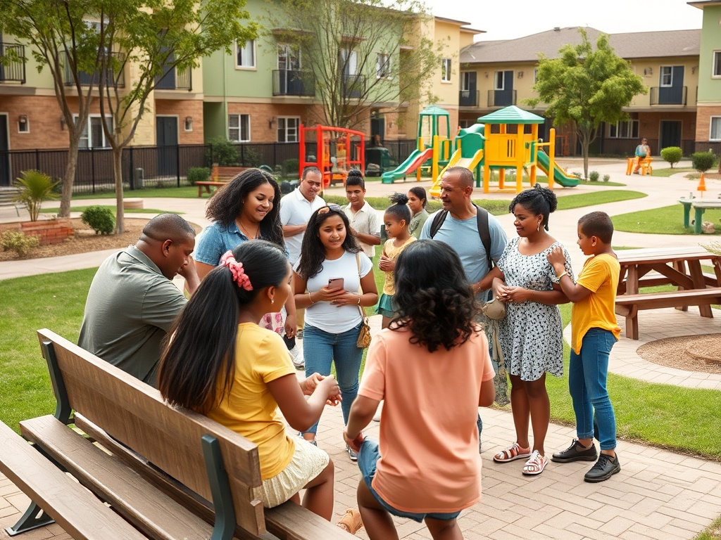 Группа людей разных возрастов и этнических групп общается на улице, вокруг игровых площадок и зелени.