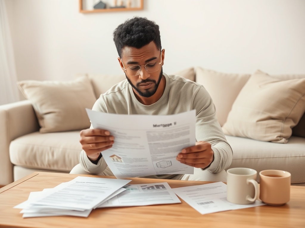 Мужчина читает документы по кредиту на диване, вокруг него бумаги и два кружки с напитками.