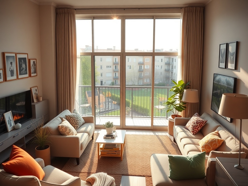 Светлая гостиная с мягкой мебелью, большими окнами и видом на зелёный двор. Стены украшены фотографиями.